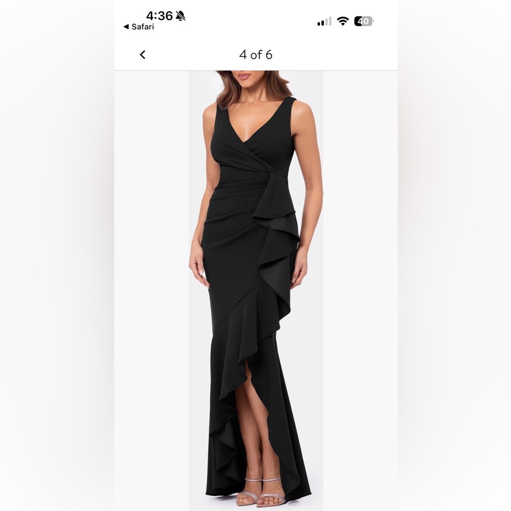 Betsy & Adam Black V-Neck Ruffle Gown